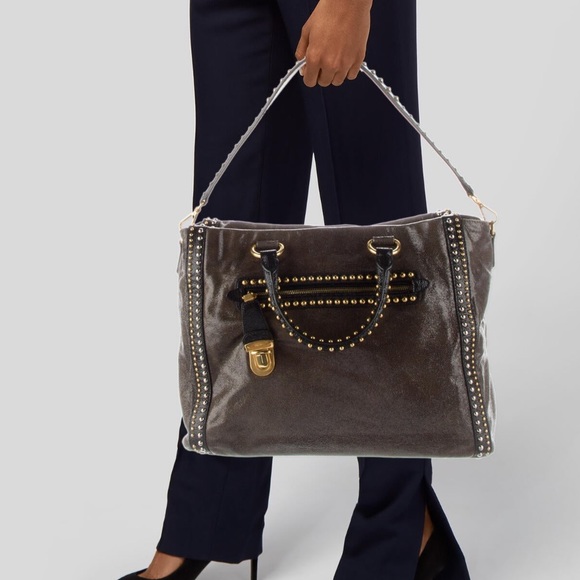 💖PRADA Talco Craquele Leather Gold & Silver Studded Tote Bag. - Picture 2 of 12